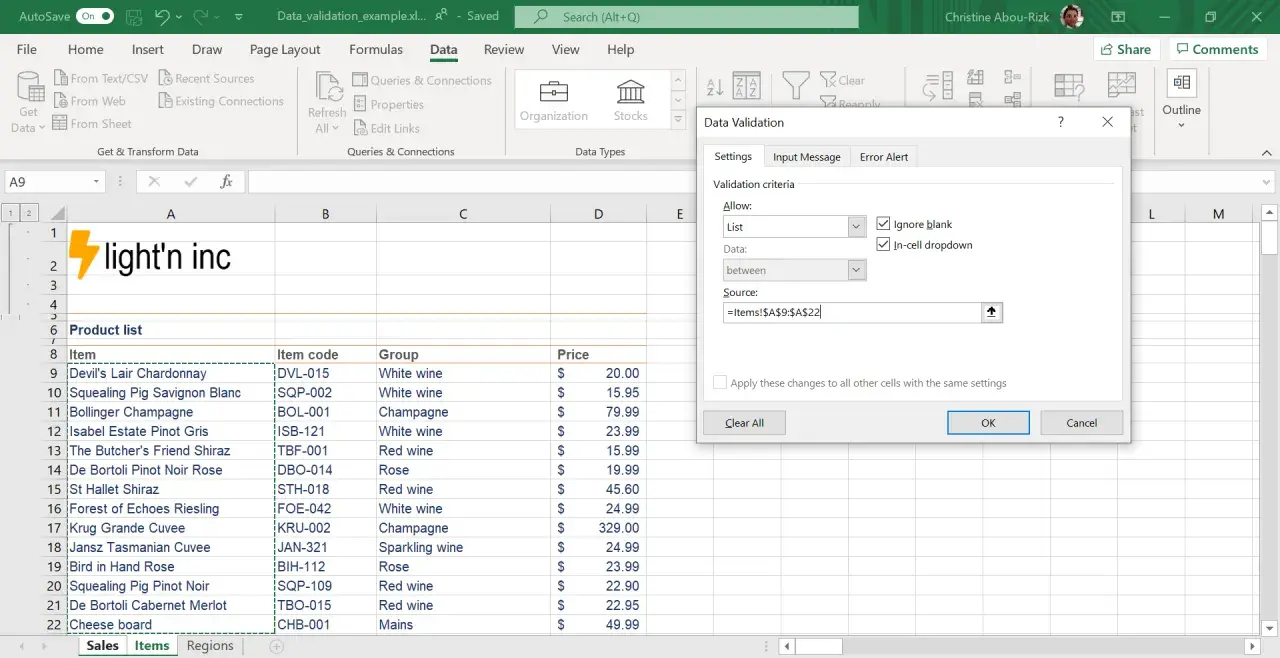 Excel-Datenvalidierung: Liste aus Zellbereich für Produkte. Das Jahr aus Datum ist hier nicht relevant.