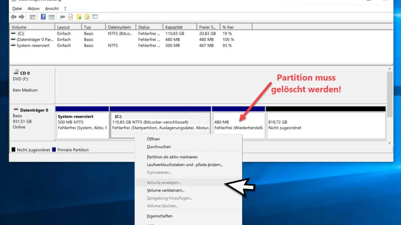 Datenträgerverwaltung zeigt eine Partition mit Fehler an, die gelöscht werden muss. Die oem partition ist nicht sichtbar.