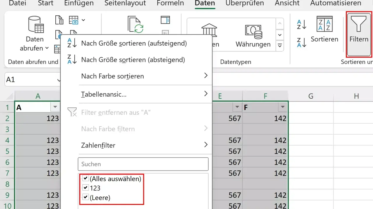 Excel-Filtermenü mit Optionen wie "Nach Größe sortieren", "Nach Farbe filtern" und "Zahlenfilter". Die Auswahl "(Leere)" ist markiert, was darauf hindeutet, dass die Tabelle leer ist.