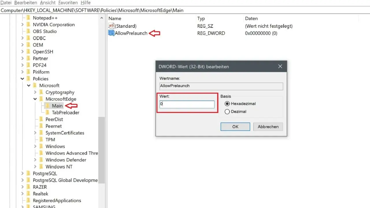 Registrierungs-Editor zeigt, wie man Microsoft Edge deaktivieren kann, indem man den Wert "AllowPrelaunch" auf 0 setzt.