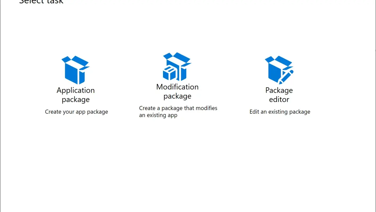 MSIX Packaging Tool: Wähle eine Aufgabe: App-Paket erstellen, Modifikationspaket erstellen oder eine MSIX-Datei bearbeiten.