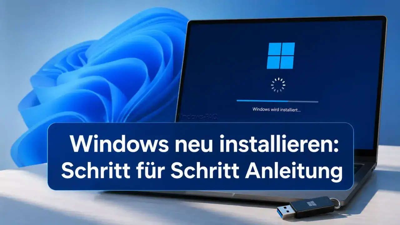 Schritt-für-Schritt-Anleitung, um Windows neu zu installieren. Ein Laptop zeigt den Installationsfortschritt, daneben ein USB-Stick mit Windows-Logo.