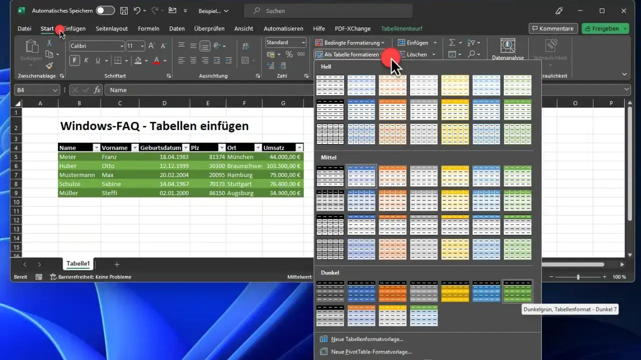 Excel-Tabelle mit Daten und Menü zur Formatierung. Die Auswahl "Als Tabelle formatieren" zeigt verschiedene Optionen für die Formatierung Excel.