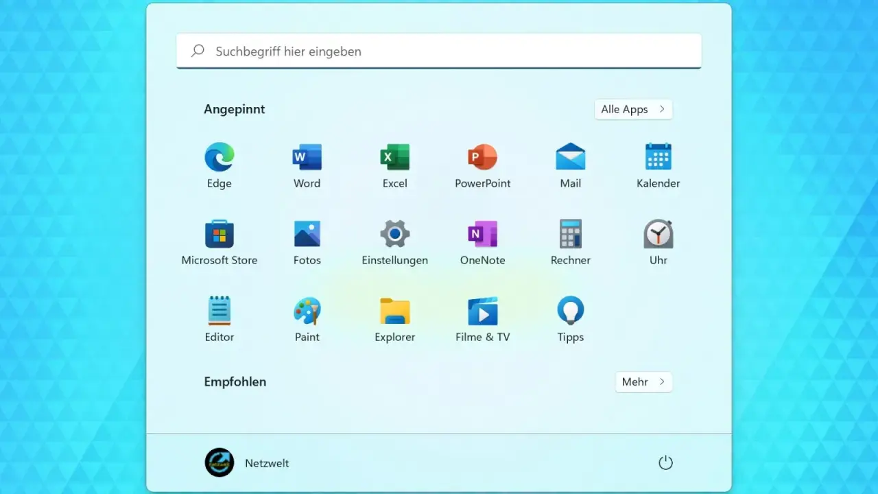 Startmenü von Windows 11 mit angepinnten Apps wie Edge, Word, Excel. Hier finden Sie auch die Option, die Windows 11 Taskleiste zu fixieren.