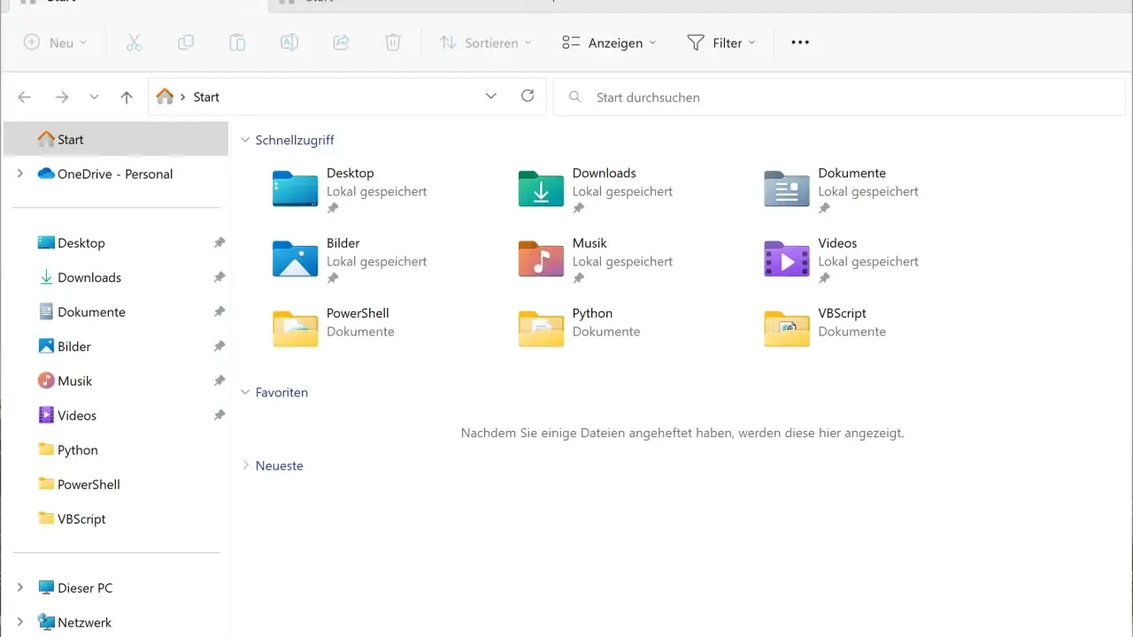 Fenster des Windows 11 Explorers mit Schnellzugriff auf Ordner wie Desktop, Downloads und Dokumente.