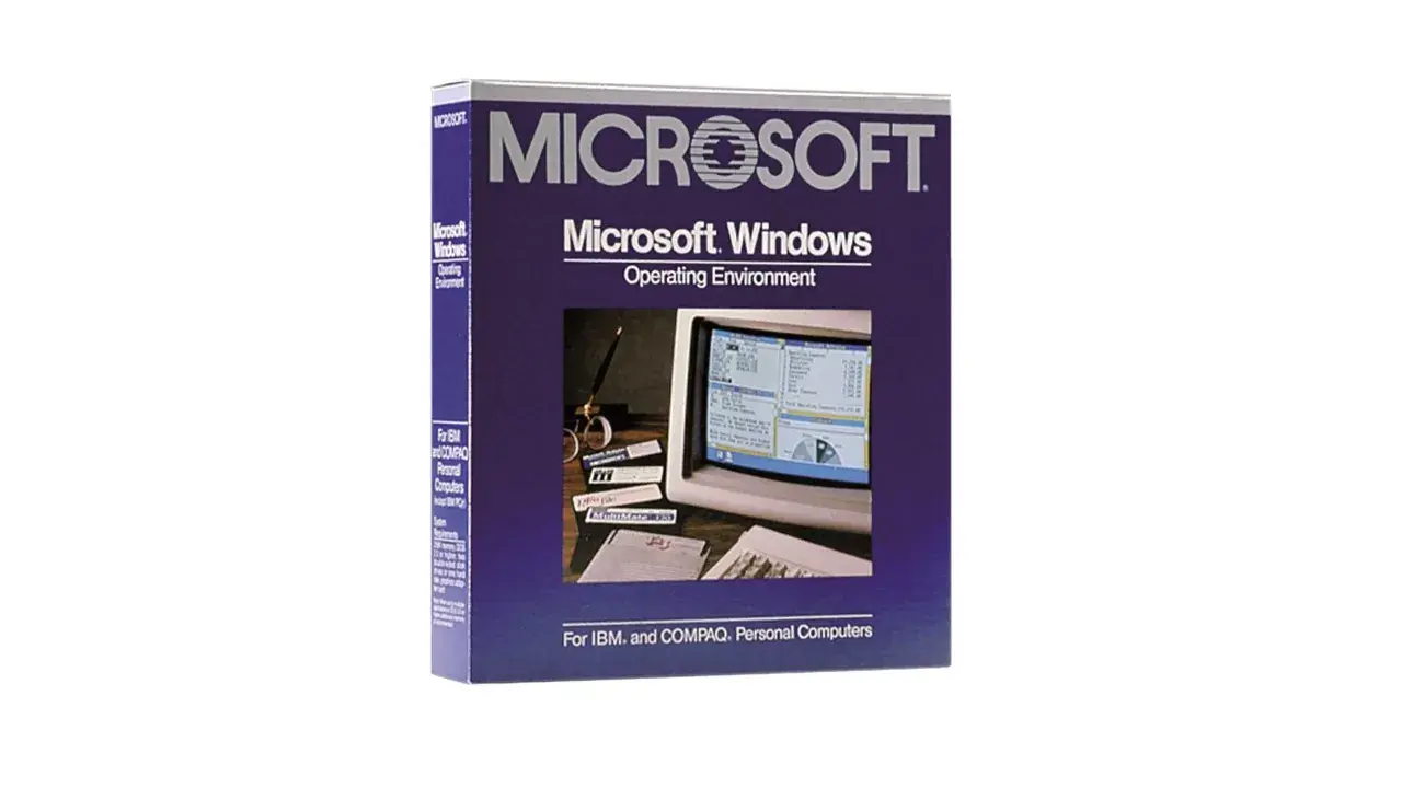 Microsoft Windows-Verpackung, ein früher Schritt in der Windows betriebssysteme reihenfolge. Zeigt einen Monitor mit der Benutzeroberfläche.