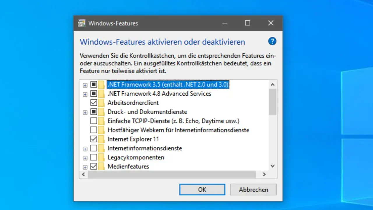 Fenster "Windows-Features" zeigt Optionen zum Aktivieren/Deaktivieren von Programmen, z.B. .NET Framework. So können Sie Windows 11 Programme deinstallieren.