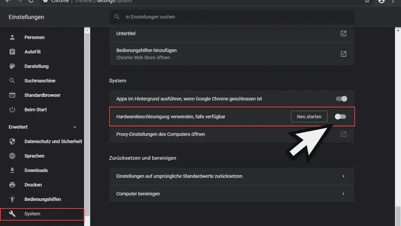 Chrome-Einstellungen: Hardwarebeschleunigung deaktivieren. Der Schalter ist aktiv, "Neu starten" wird angezeigt.