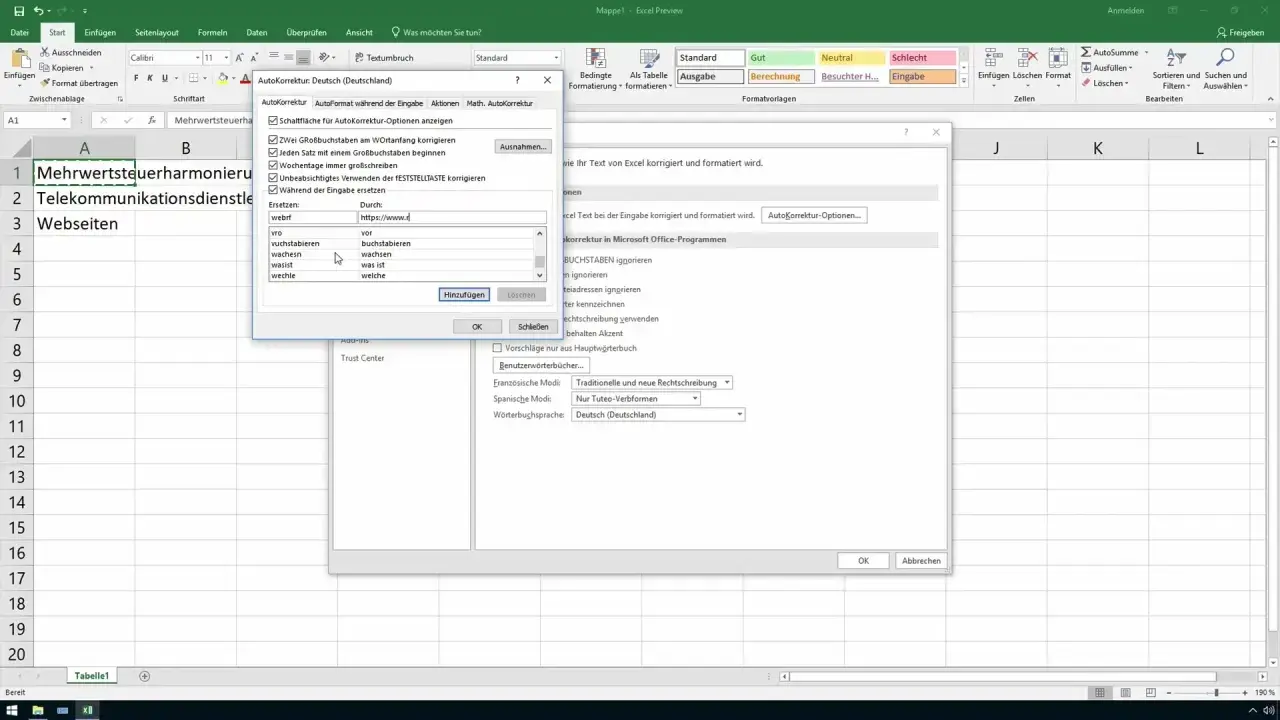 Excel Autokorrektur: Hier werden falsch geschriebene Wörter wie "webrf" automatisch zu "web.de" korrigiert.