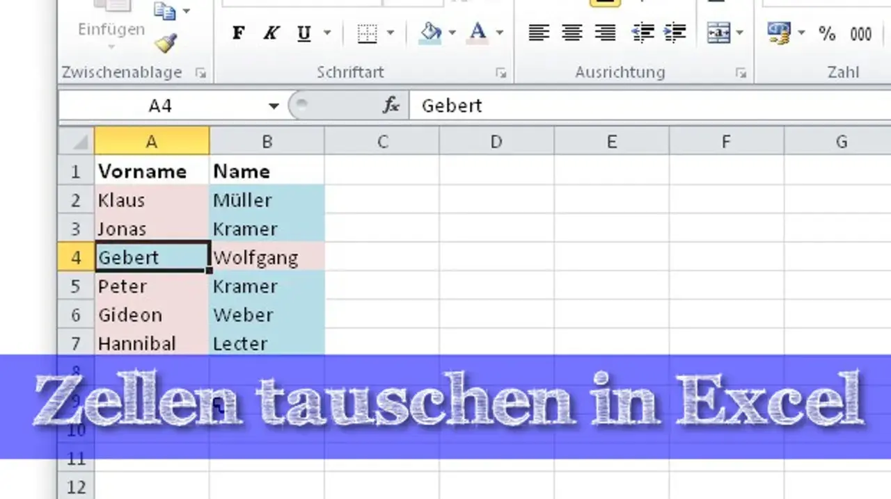 Excel-Tabelle mit Namen. Zeile 4 mit "Gebert" ist hervorgehoben. Hier wird gezeigt, wie man excel zeilen tauschen kann.