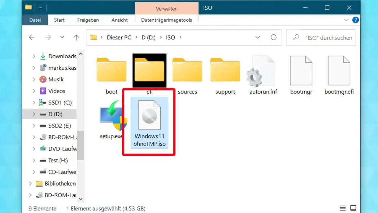 Windows 11 ISO-Datei im Ordner "D:\ISO" ausgewählt. Bereit, um TPM zu installieren.