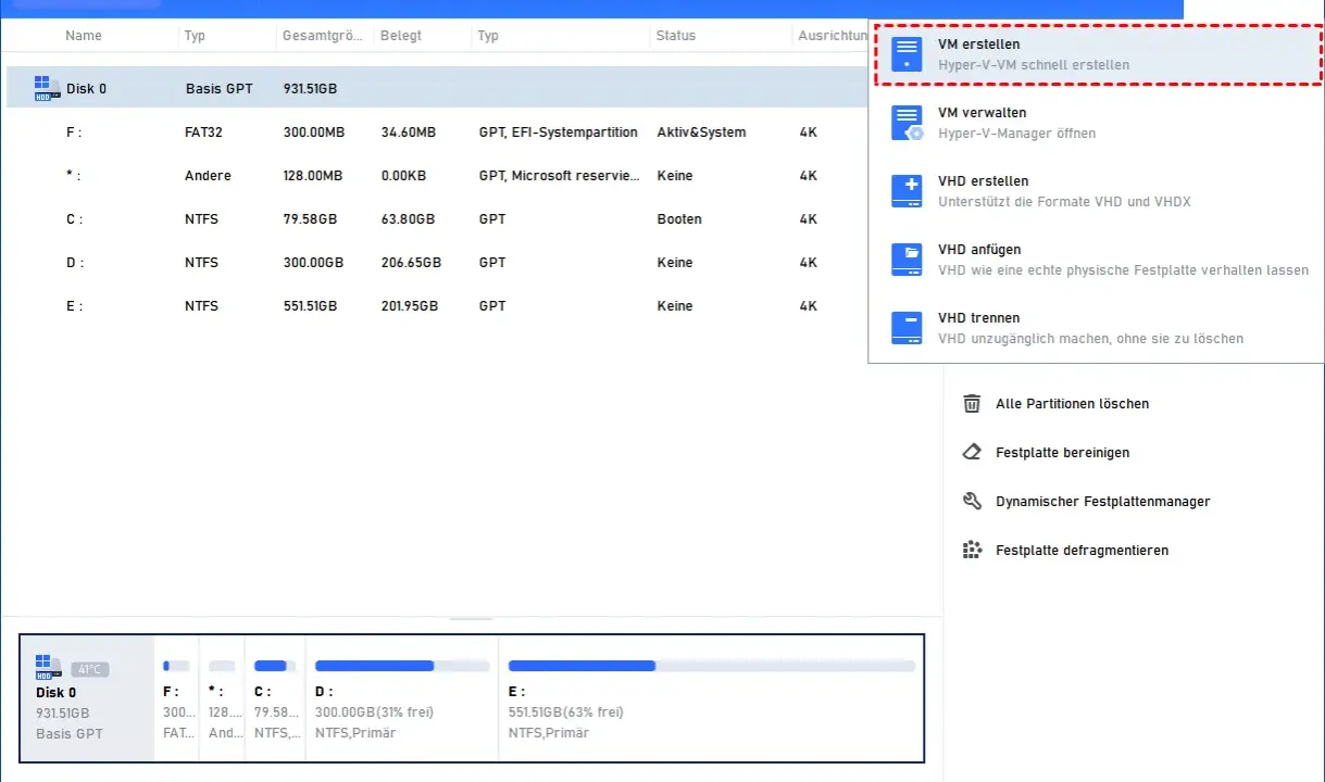 AOMEI Partition Assistant zeigt Optionen zur Verwaltung von virtuellen Maschinen, einschließlich "VM erstellen" für eine virtuelle Maschine Windows 10.