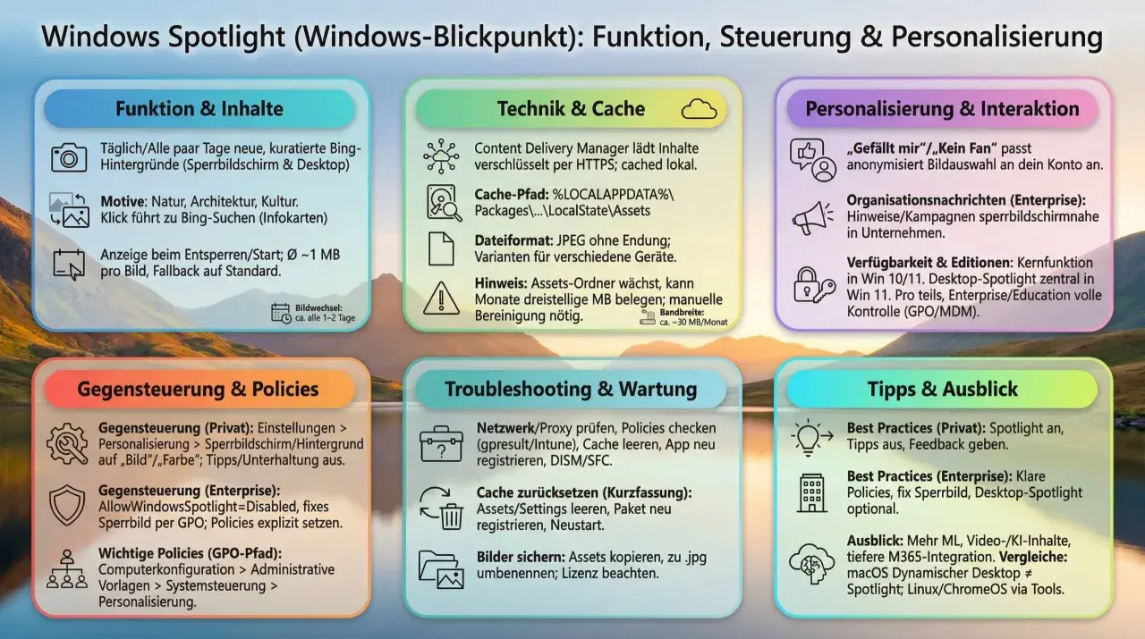 Windows Spotlight (Windows-Blickpunkt) zeigt tägliche Hintergründe, Motive & Bing-Suchen. Infos zu Technik, Cache, Personalisierung, Steuerung & Tipps.