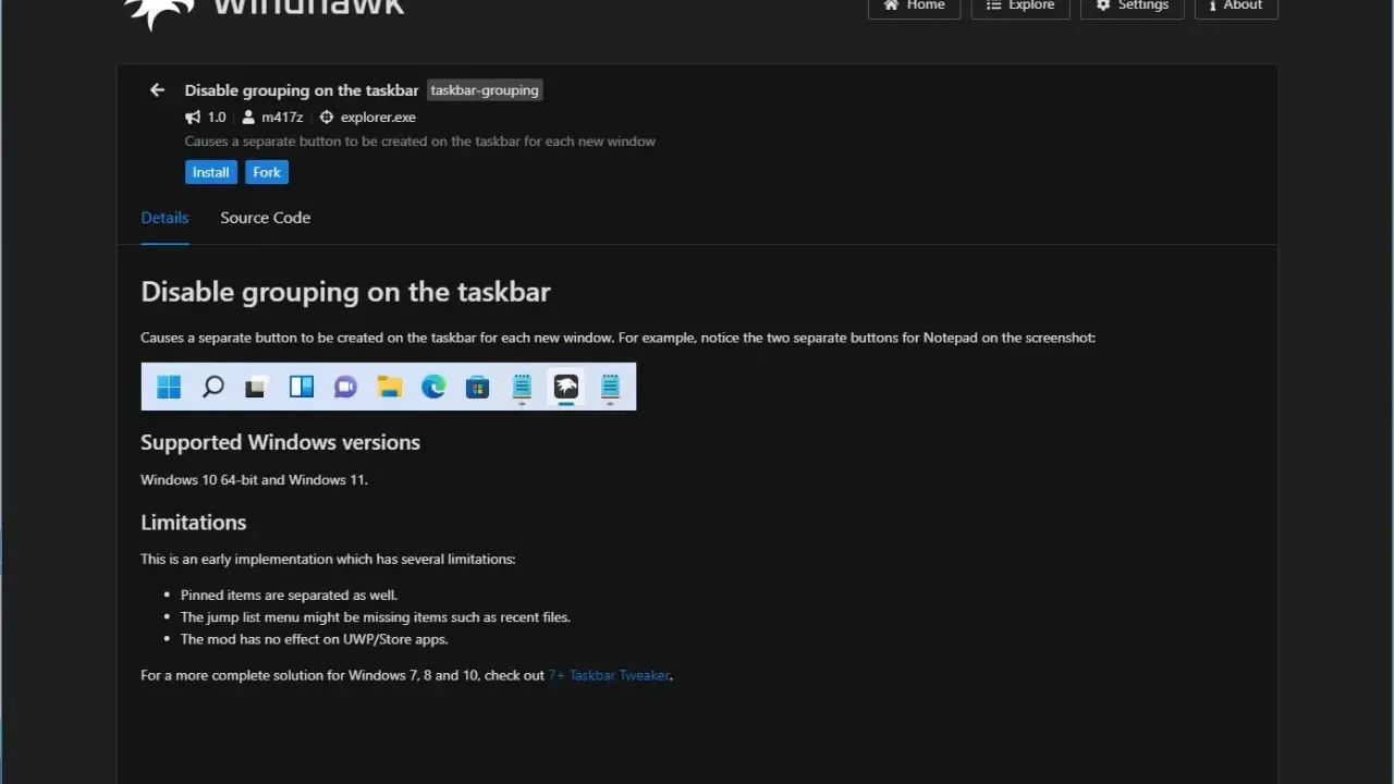 Windhawk-Tool für Windows 11: Deaktiviert Gruppierung auf der Taskleiste, zeigt separate Fenster an.