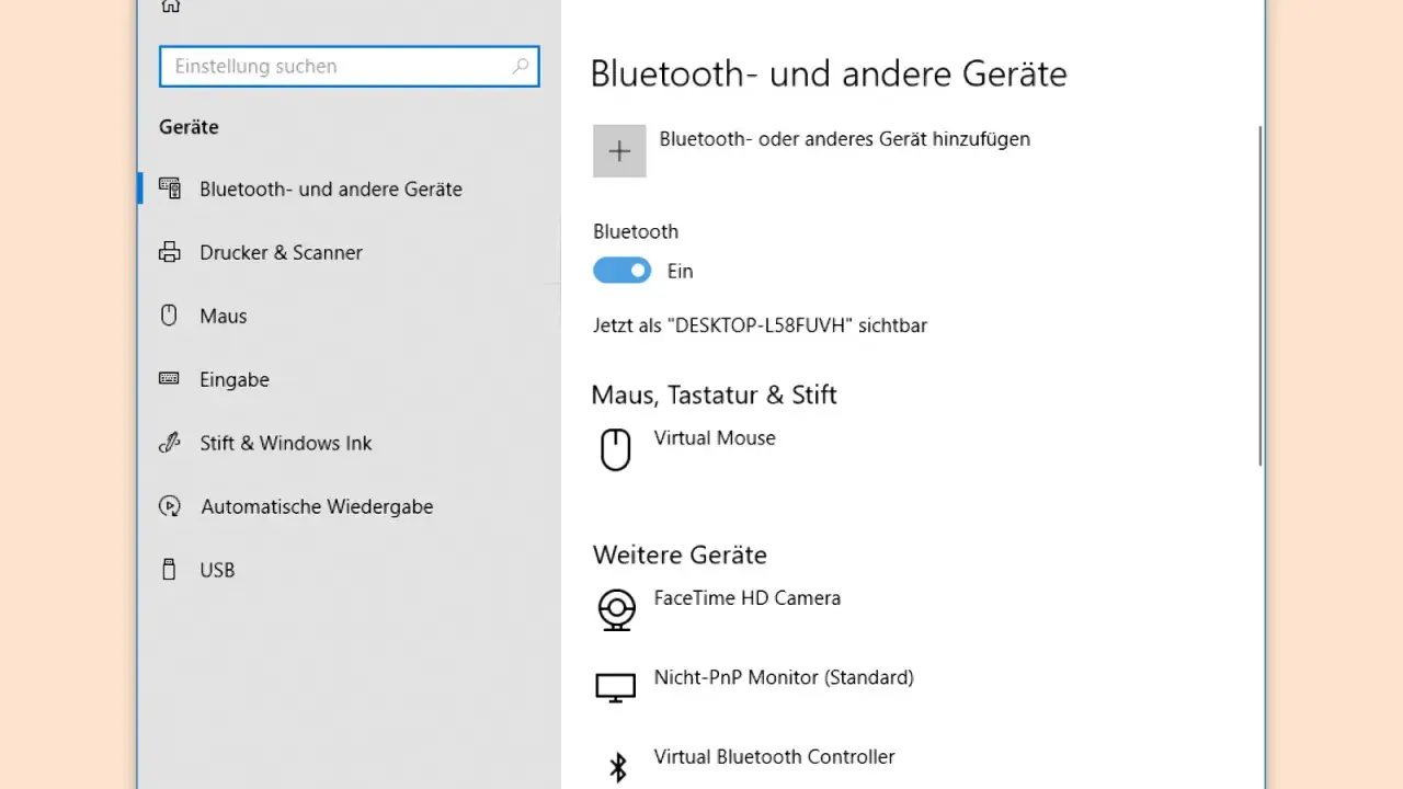 Windows 10: Bluetooth aktivieren. Im Einstellungsmenü unter "Geräte" wird gezeigt, wie man Bluetooth einschaltet und weitere Geräte hinzufügt.