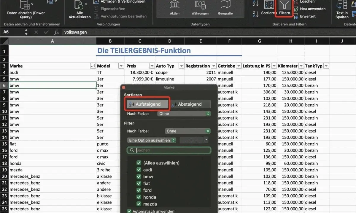 Excel-Tabelle mit Autos, die nach Marke sortiert werden. Die Option "Aufsteigend" für das **excel teilergebnis** ist ausgewählt.