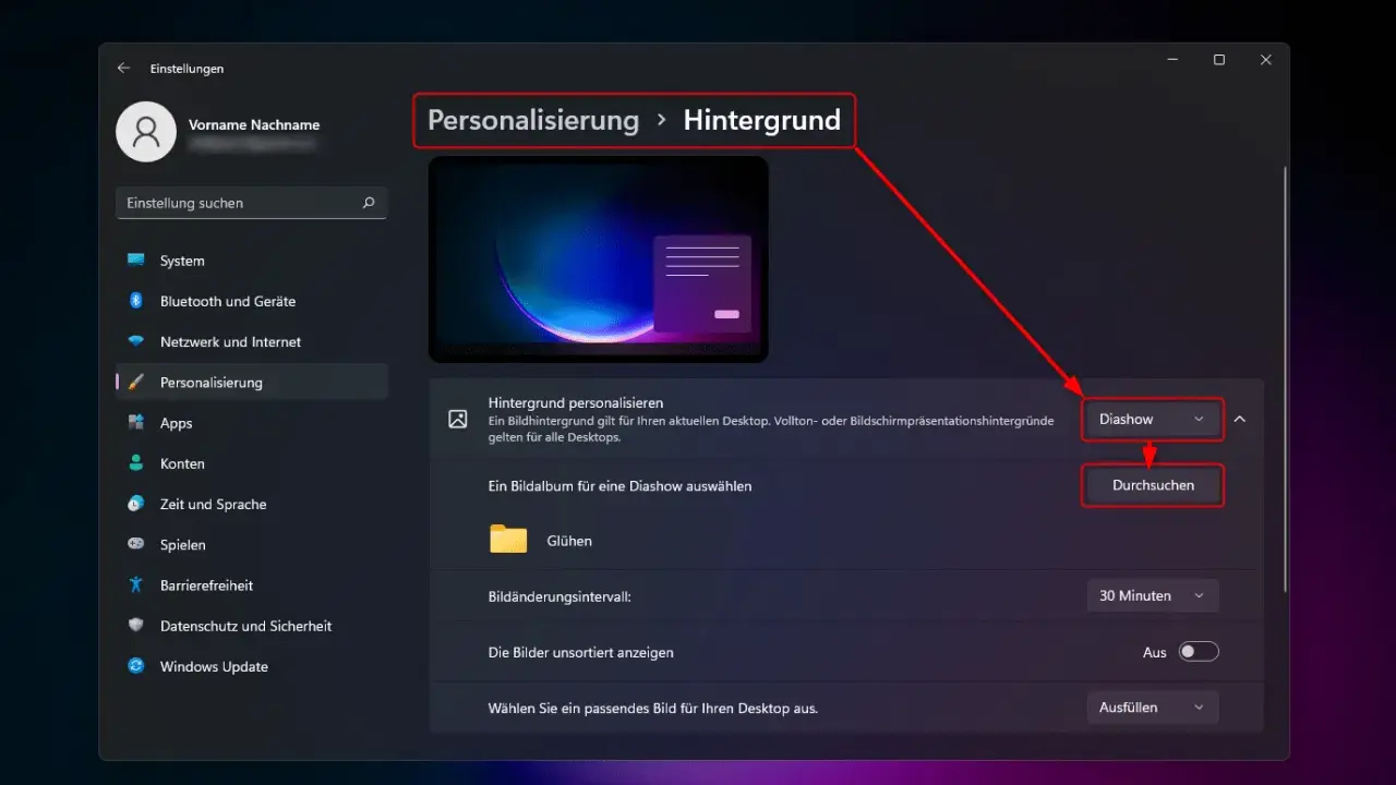 Windows 11: Personalisierung > Hintergrund. Hier wird die Diashow-Geschwindigkeit eingestellt.