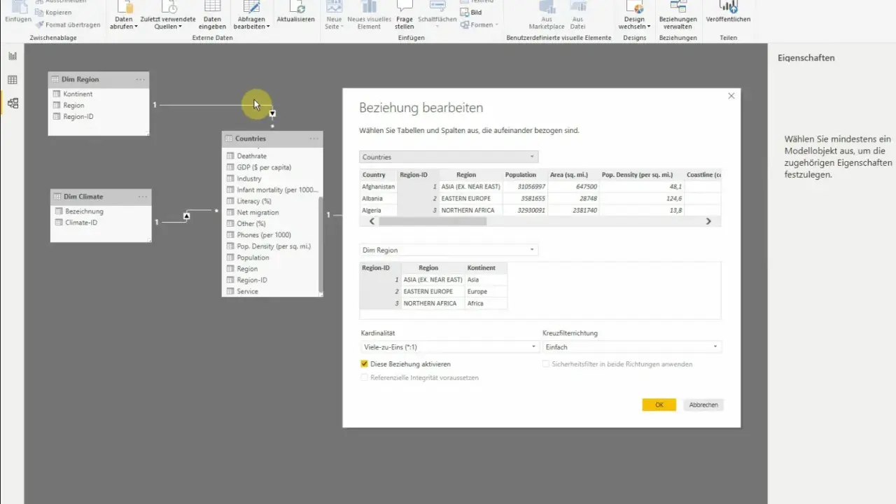 Power BI-Beziehungen bearbeiten: Länder- und Regionsdaten werden verknüpft. Ein Power BI Tutorial zur Datenmodellierung.