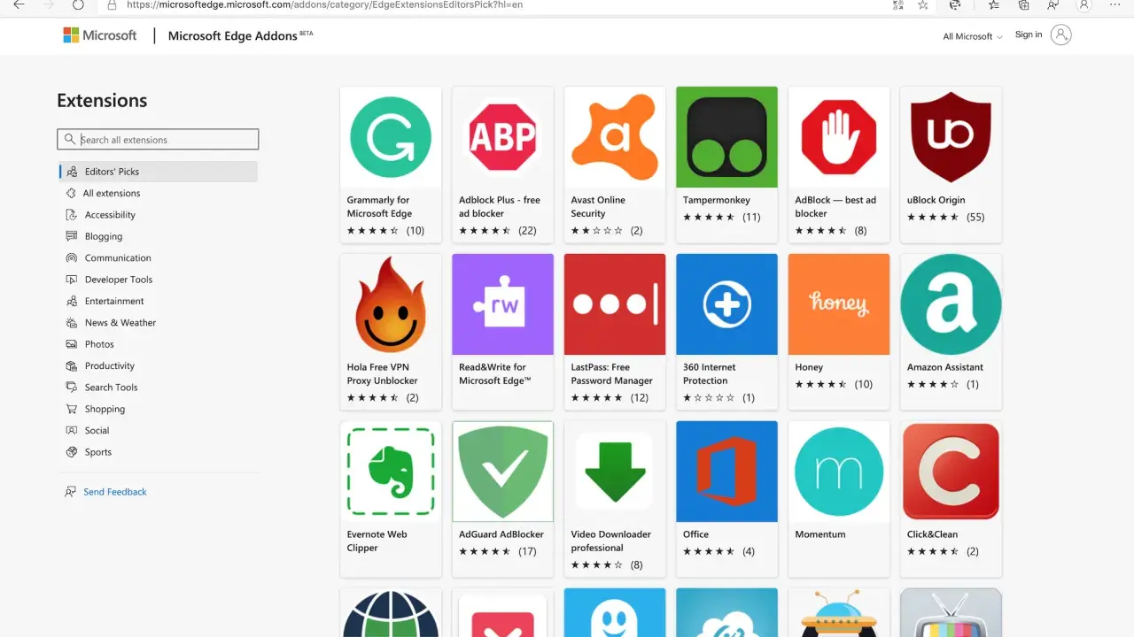 Microsoft Edge Addons-Seite mit vielen Erweiterungen wie Grammarly, AdBlock und Honey.