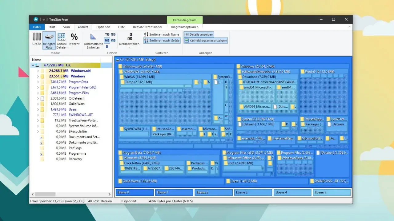 TreeSize Free zeigt die Speicherplatznutzung an. Ordner wie Windows und Program Files sind groß. Der Speicherplatz ist tree size free.