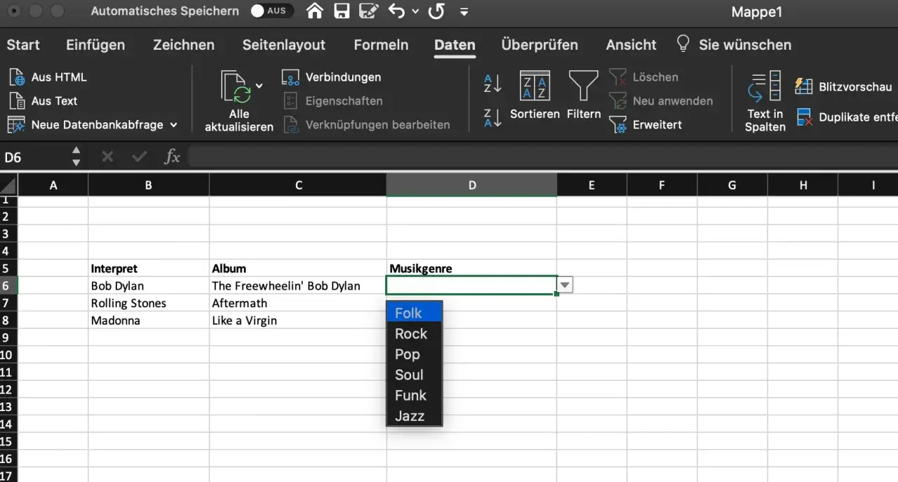 Excel-Tabelle mit dynamischer Dropdown-Liste für Musikgenres. Die Liste zeigt Optionen wie Folk, Rock, Pop, Soul, Funk und Jazz.