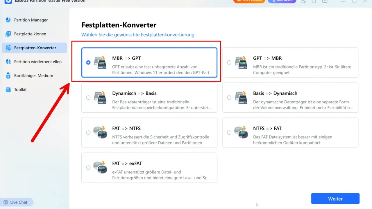 Festplatten-Konverter: MBR zu GPT konvertieren für mehr Partitionen, wie von Windows 11 gefordert.