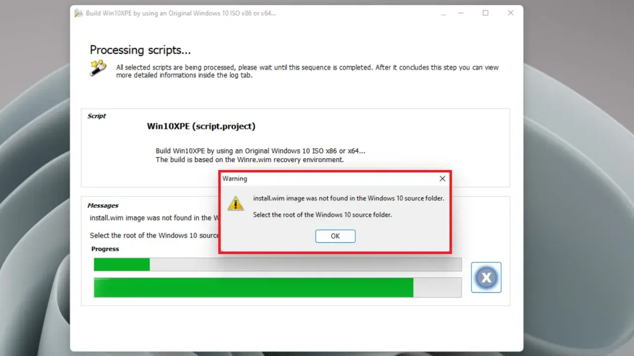 AOMEI PE Builder: Warnung: install.wim nicht im Windows 10 Quellordner gefunden. Bitte den Stammordner auswählen.