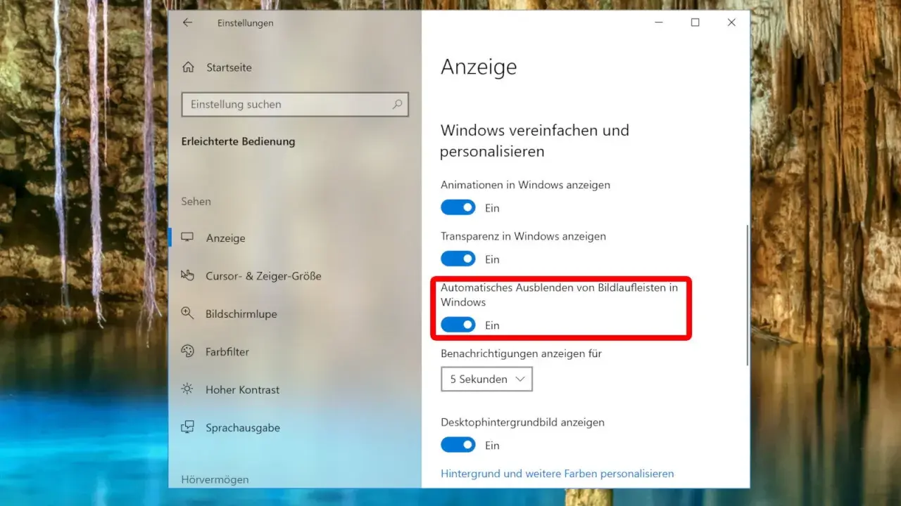 Windows-Einstellungen: Automatisches Ausblenden von Bildlaufleisten in Windows ist aktiviert.