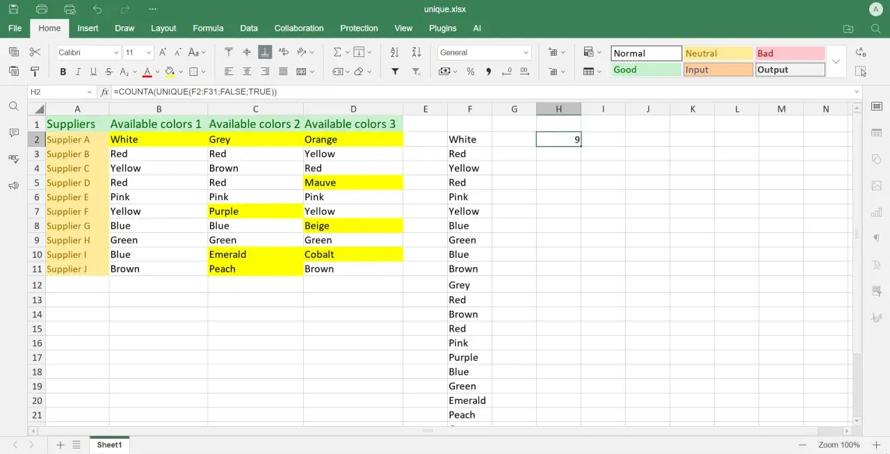 Ein **unique Excel** Arbeitsblatt zeigt Lieferanten und deren verfügbare Farben. Eine Formel zählt die einzigartigen Farben.