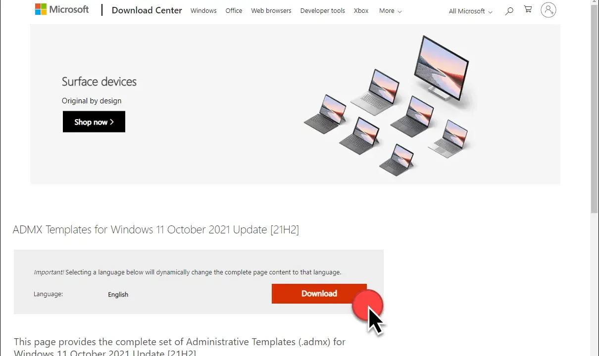 Download-Seite für ADMX Templates für Windows 11. Hier gibt es die administrativen Vorlagen (.admx) für das Oktober 2021 Update.