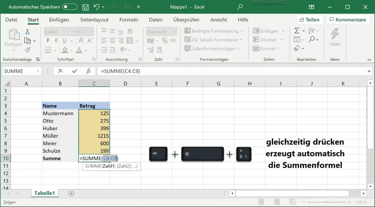 Excel: Summenformel automatisch erstellen. Mit Alt + Umschalt + = wird die excel summe aus anderem tabellenblatt schnell berechnet.