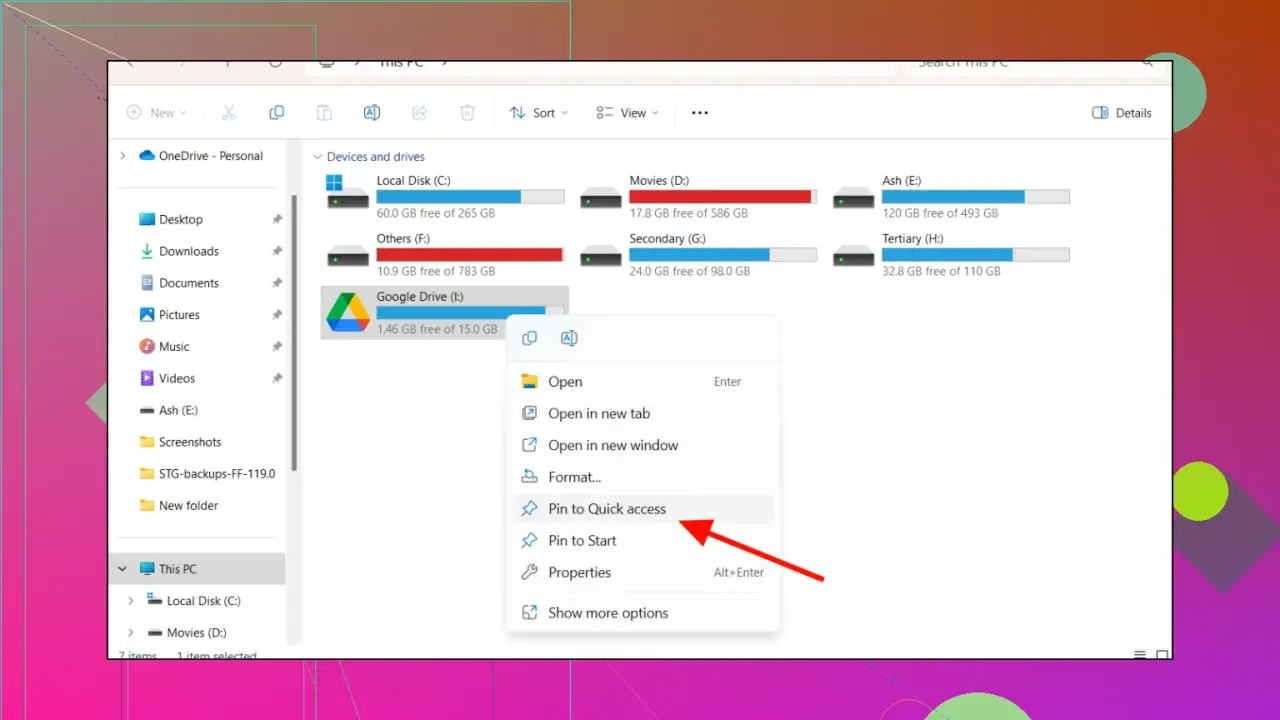 Google Drive (I:) im Explorer einbinden: Rechtsklick auf Google Drive, dann "An Schnellzugriff anheften" wählen.