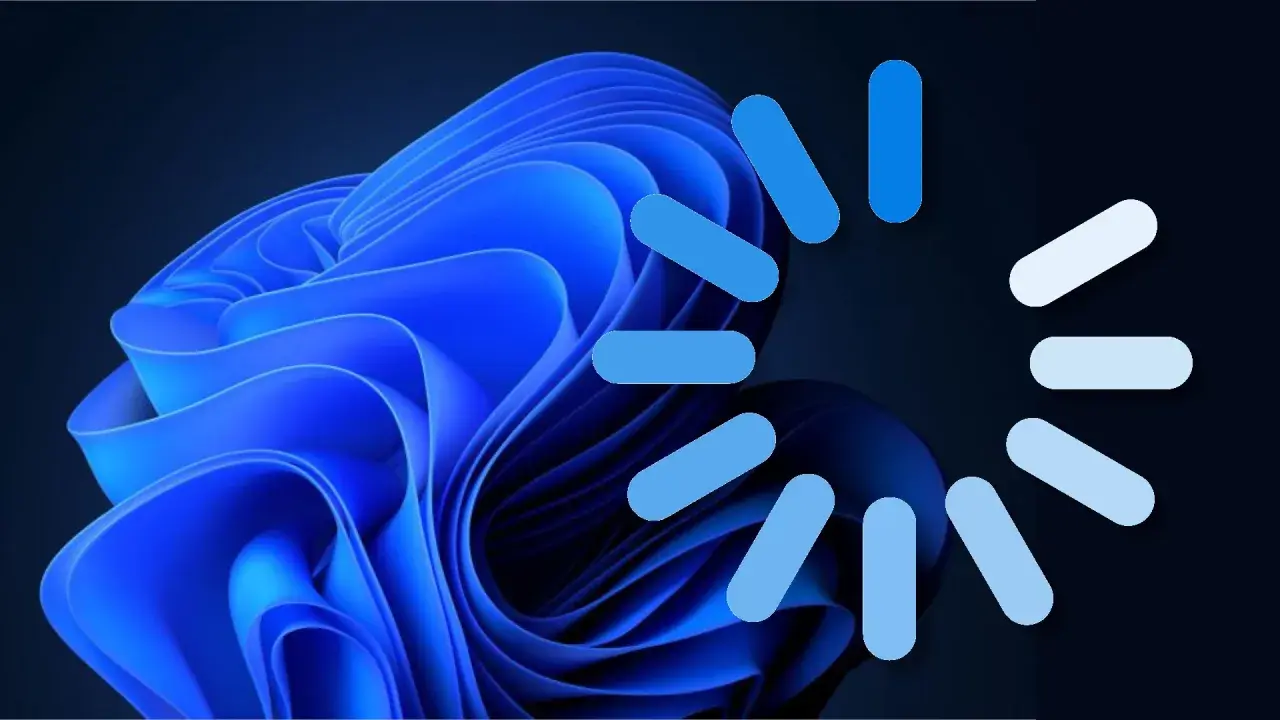 Blauer Windows 11 Hintergrund mit Ladeanimation. Bereit, kostenlos Windows 10 herunterladen?