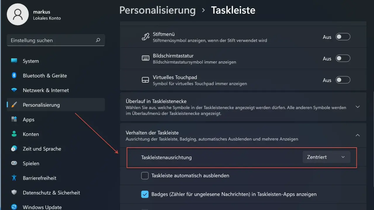 Windows 11 Einstellungen: Personalisierung > Taskleiste. Hier wird die Taskleistenausrichtung auf "Zentriert" eingestellt, aber man kann auch die **windows 11 taskleiste links** ausrichten.