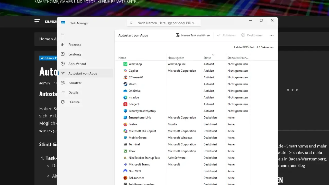 Task-Manager zeigt die Liste der Autostart-Apps. Hier siehst du, welche Programme beim Hochfahren automatisch starten.