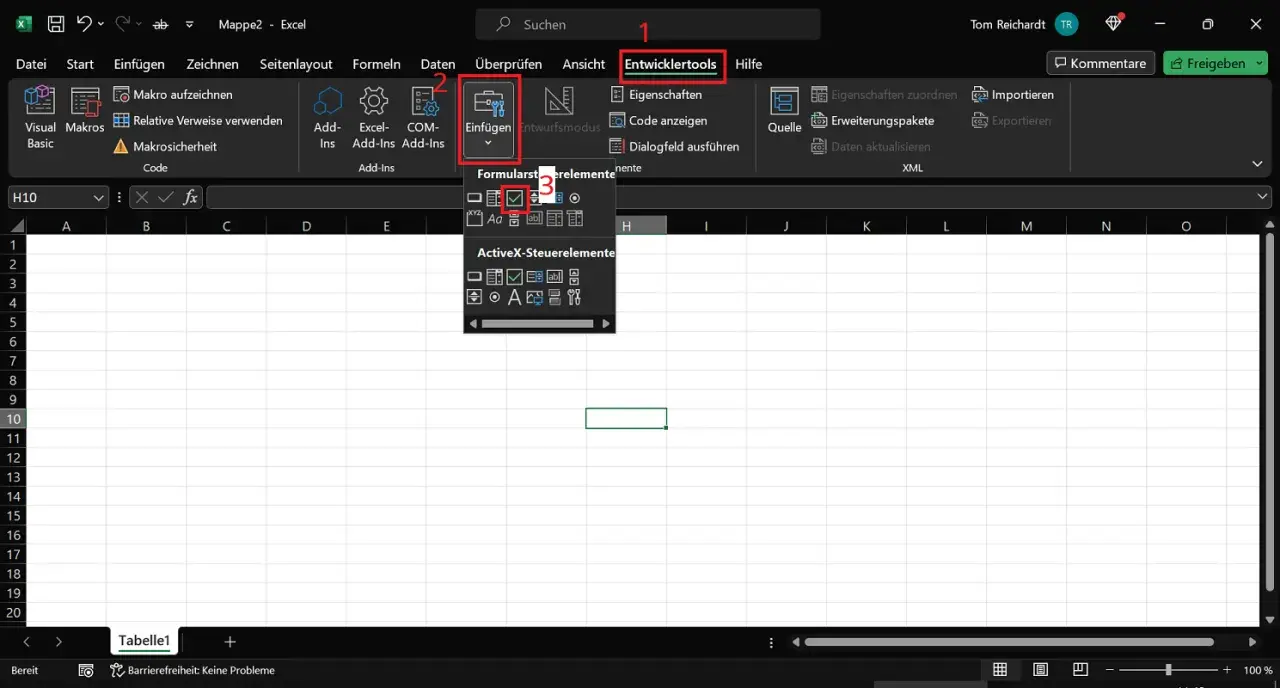 Excel: Im Menü "Entwicklertools" wird ein Dropdown für "Einfügen" geöffnet, das ein Excel ankreuzfeld zeigt.