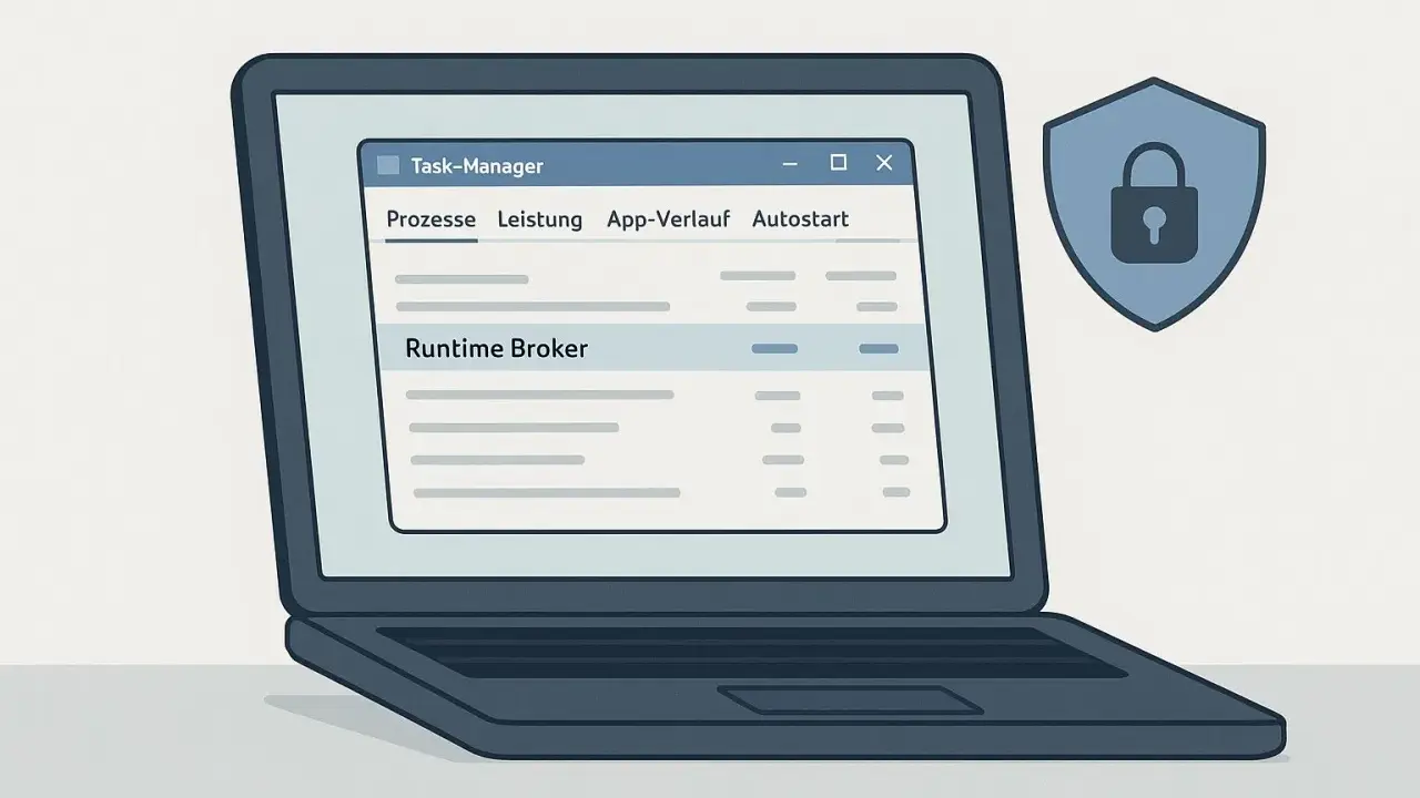 Laptop mit Task-Manager, der "Runtime Broker" anzeigt. Ein Schild mit Schloss symbolisiert Sicherheit für den Windows Desktop Runtime.