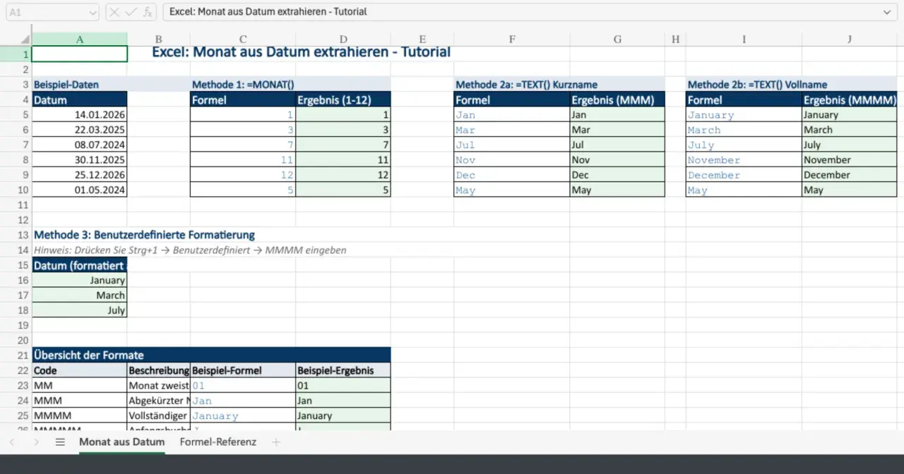 Excel-Tabelle zeigt Methoden zur Erstellung von Zahlenreihen und Datumswerten mit Formeln und Formatierungen.