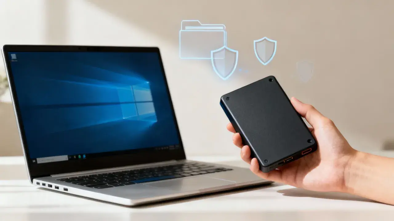 Laptop mit Windows-Desktop und externer Festplatte in der Hand. Digitale Ordner- und Schild-Icons deuten auf Datensicherung oder Installation von Windows auf externe Festplatte hin.