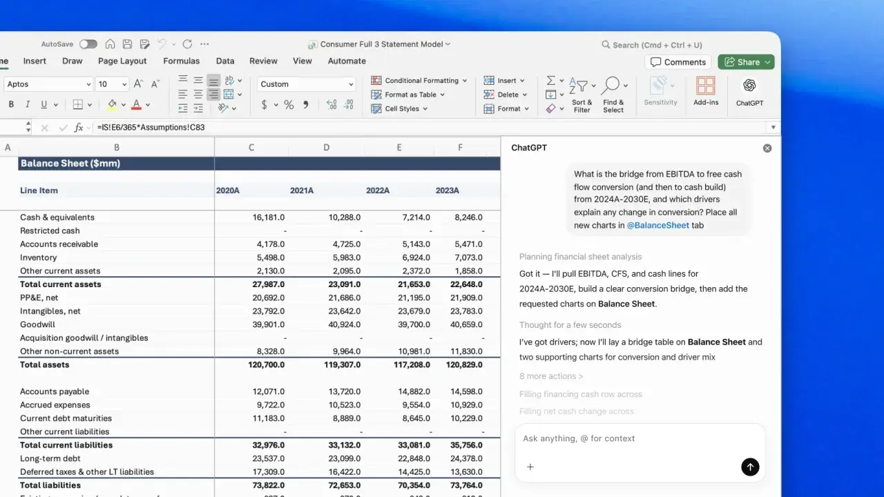 ChatGPT analysiert eine Excel-Tabelle mit Finanzdaten, um eine Brücke von EBITDA zu Free Cashflow zu erstellen.