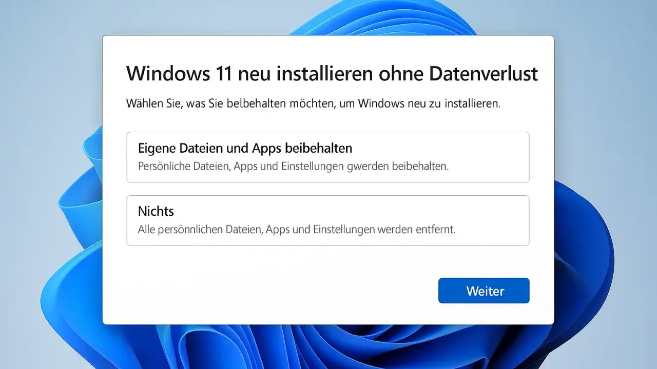 Fenster mit Optionen zur Neuinstallation von Windows 11. Man kann wählen, ob eigene Dateien und Apps beibehalten oder alles gelöscht werden soll. Dies ist ein Schritt, um einen Windows-Neustart zu erzwingen.