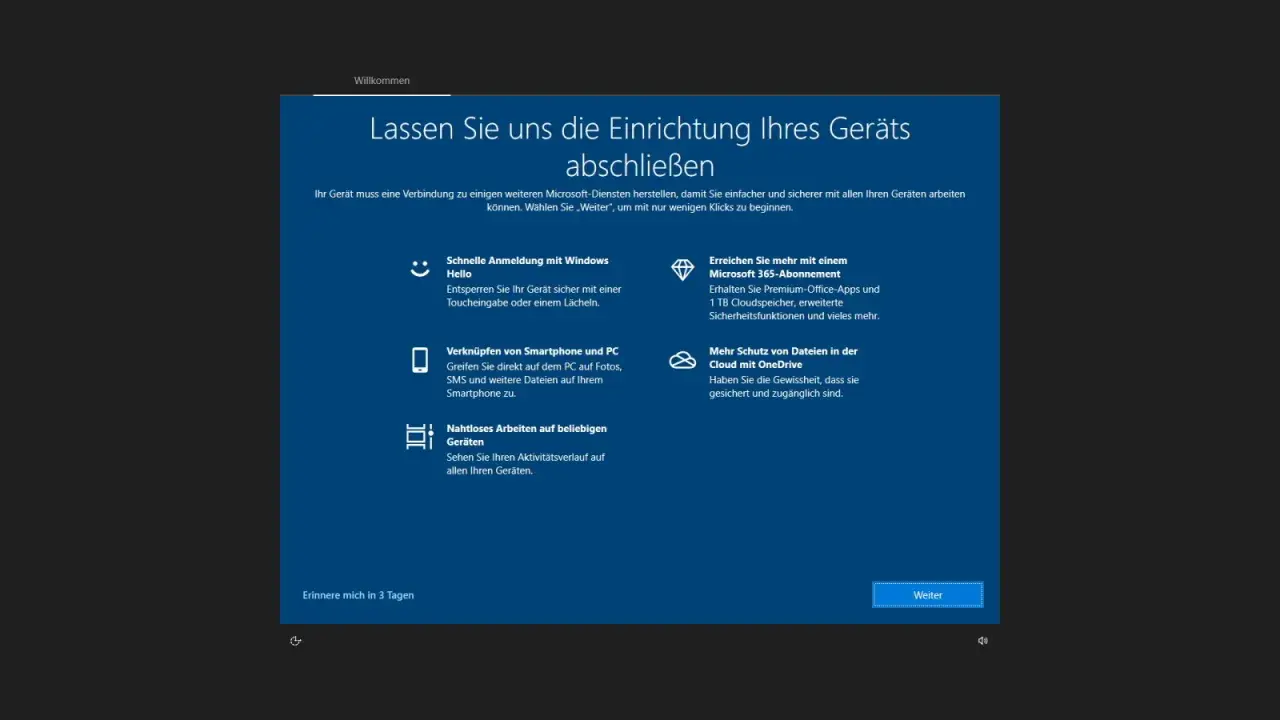 Einrichtung von Windows 11 auf einem Tablet. Schnelle Anmeldung, Smartphone-Verknüpfung, Microsoft 365 und OneDrive-Schutz werden angeboten.