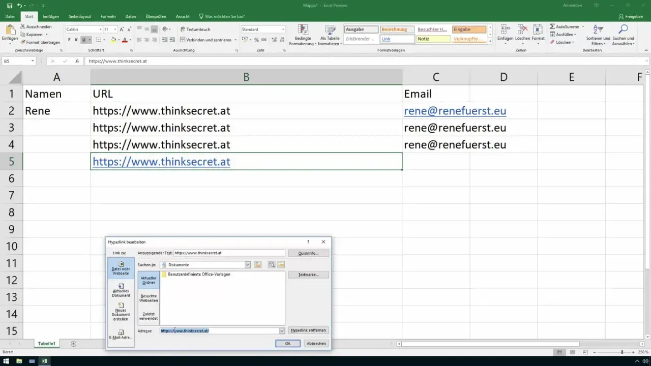 Excel-Tabelle mit Namen und E-Mail-Adressen. Ein Dialogfeld zur Bearbeitung von excel links ist geöffnet und zeigt die URL https://www.thinksecret.at.
