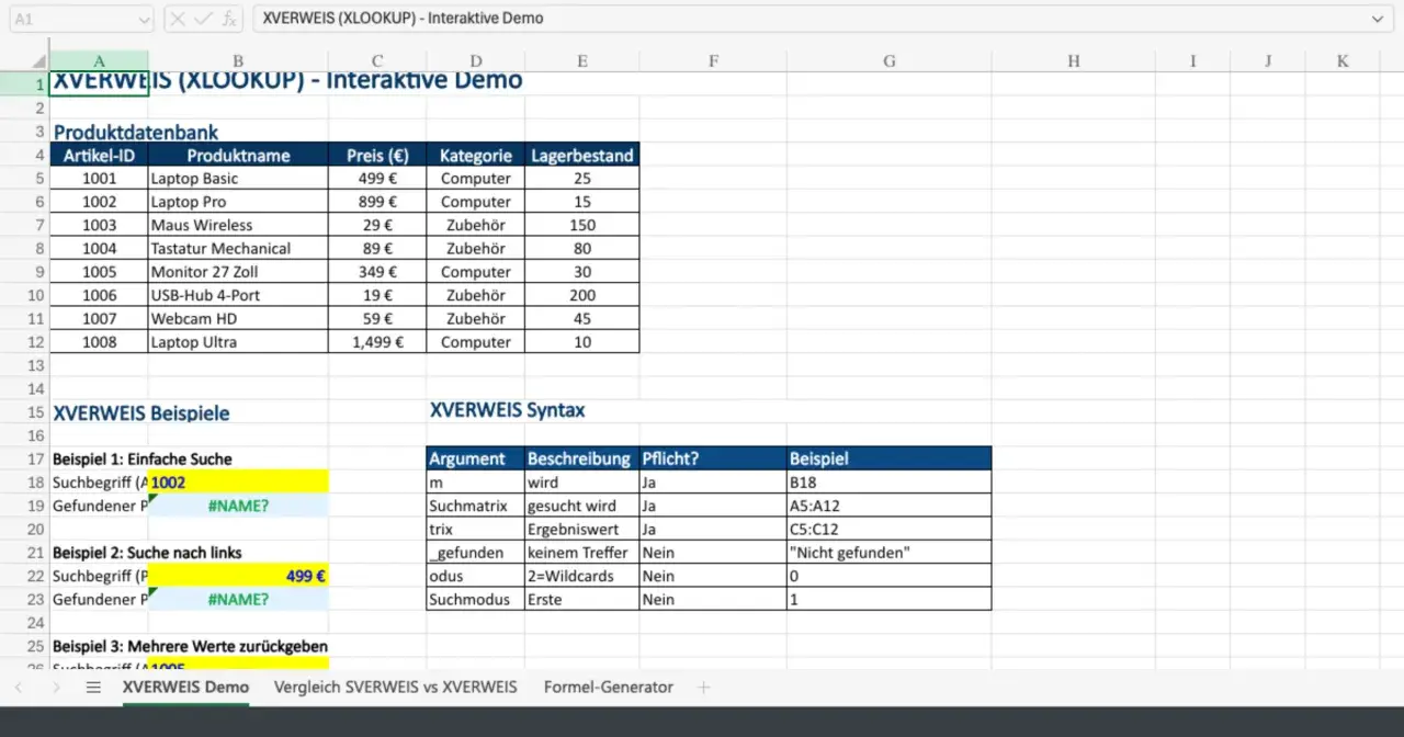 Excel-Tabelle zeigt XVERWEIS (XLOOKUP) mit Produktdatenbank und Beispielen. Suchbegriffe wie "1002" und "499 €" werden demonstriert.