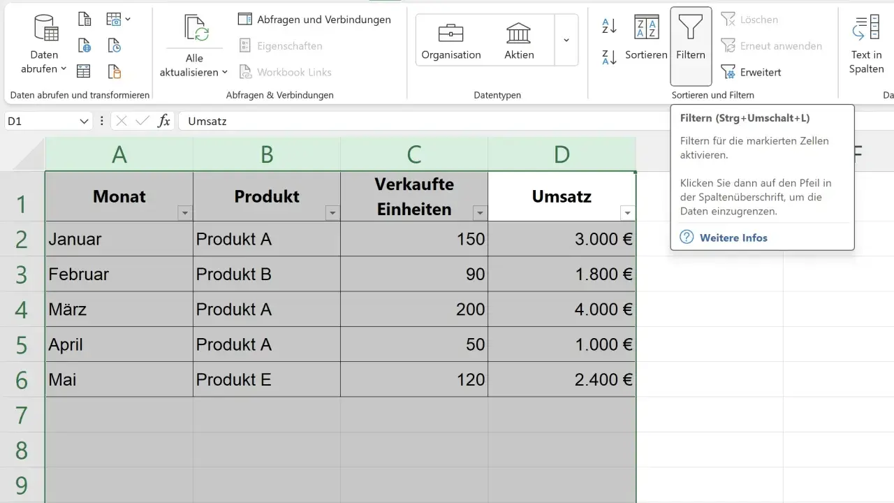 Excel-Tabelle mit aktivierter excel filter funktion. Daten zu Verkauf und Umsatz werden angezeigt.