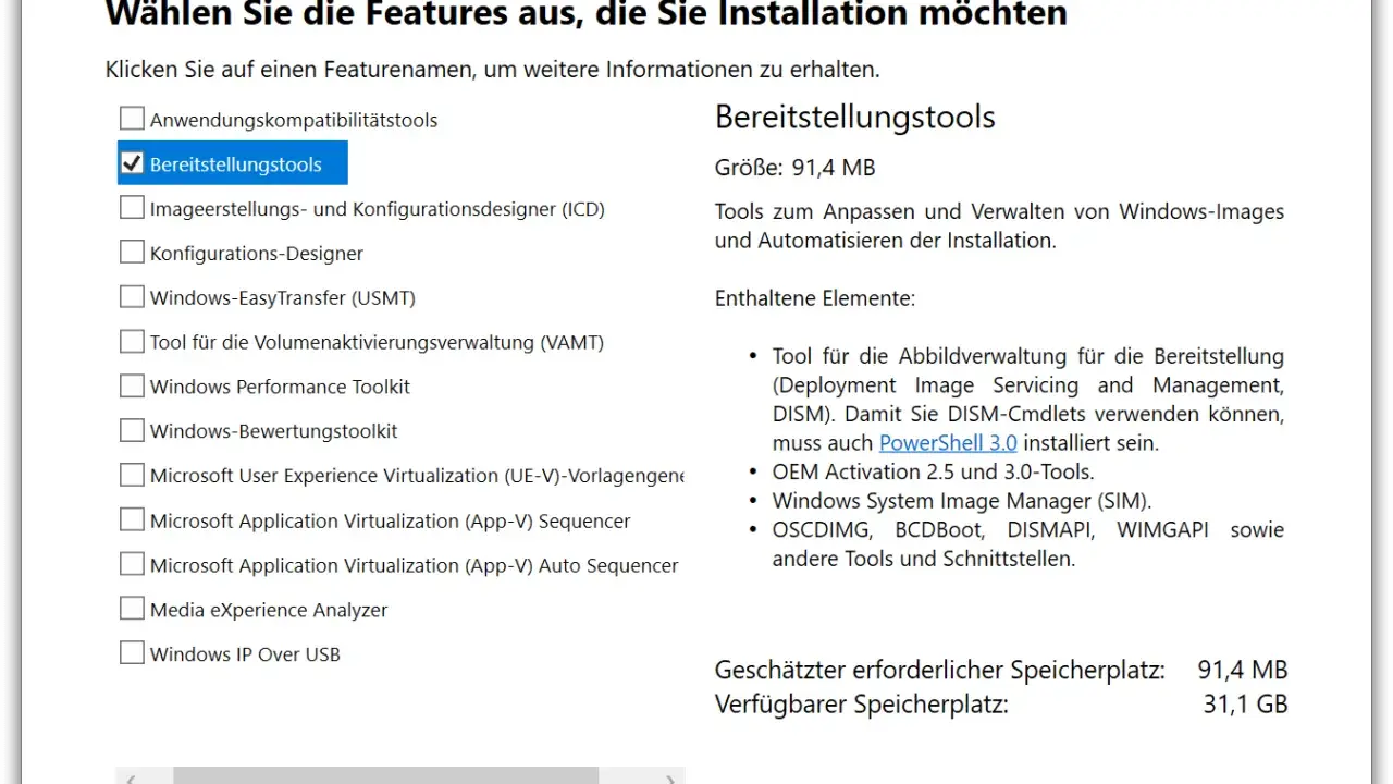 Auswahl von "Bereitstellungstools" für die Erstellung eines winpe iso. Enthält Tools für Imageverwaltung und Automatisierung.