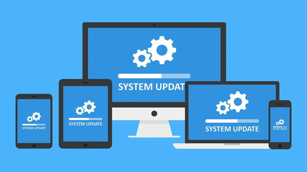 Mehrere Geräte zeigen "SYSTEM UPDATE" mit Zahnrädern und Fortschrittsbalken an. Ein winget upgrade ist im Gange.