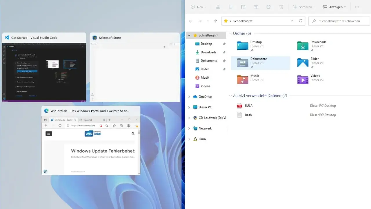 Windows 11 zeigt geöffnete Programme an. Hier wird gezeigt, wie man die Funktion "Windows 11 Fenster anordnen deaktivieren" kann, um die Übersicht zu behalten.