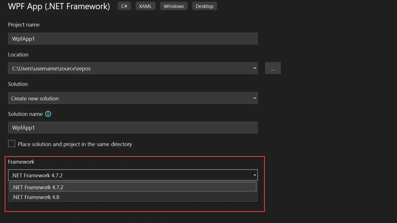 Konfiguration eines neuen WPF-Projekts. Auswahl des .NET Framework 4.8 als Ziel.
