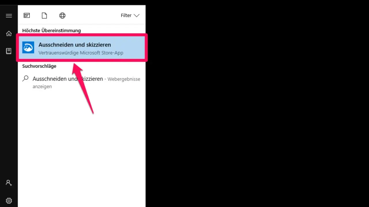 Windows Suche zeigt "Ausschneiden und skizzieren" als beste Übereinstimmung. Ein Pfeil deutet auf die App.